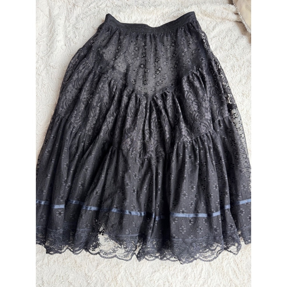 Vintage Black Sheer Patchwork Lace Tiered Midi Skirt Scalloped Hem Paris France - Picture 8 of 11